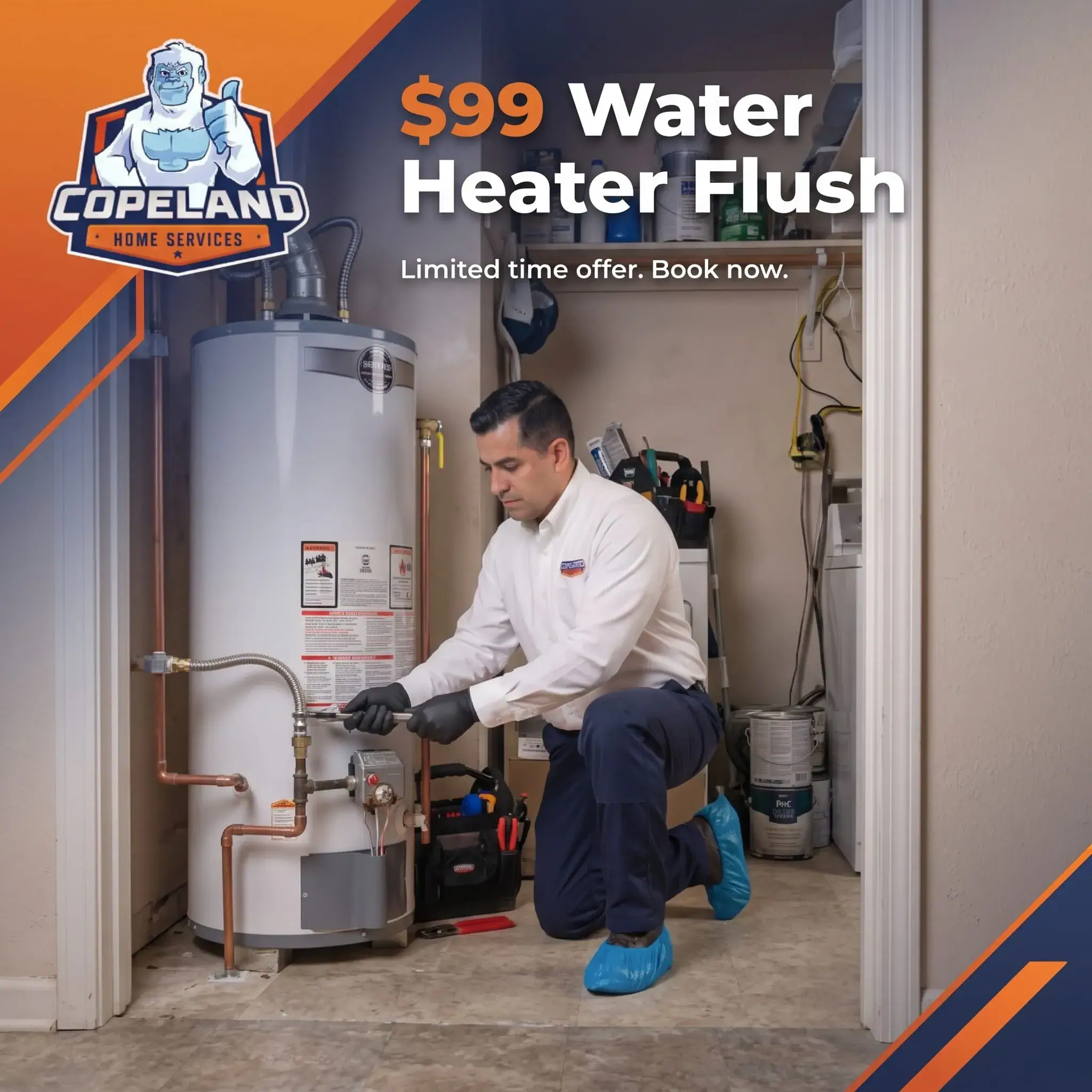 Home 34 $99 tank water heater flush special from Copeland Home Services