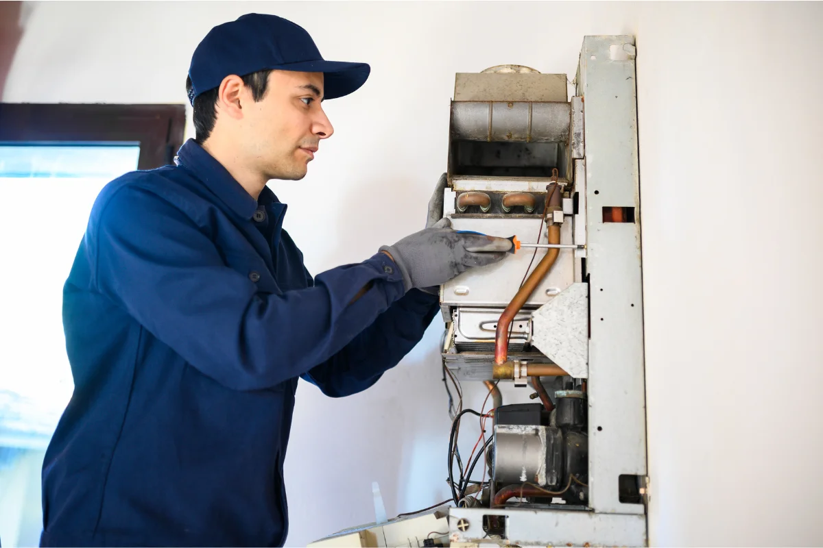 A man is fixing water heater leaking