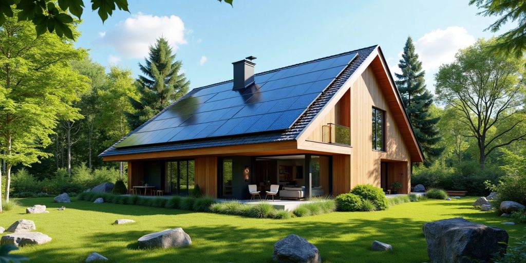 Eco-friendly home with solar panels and greenery