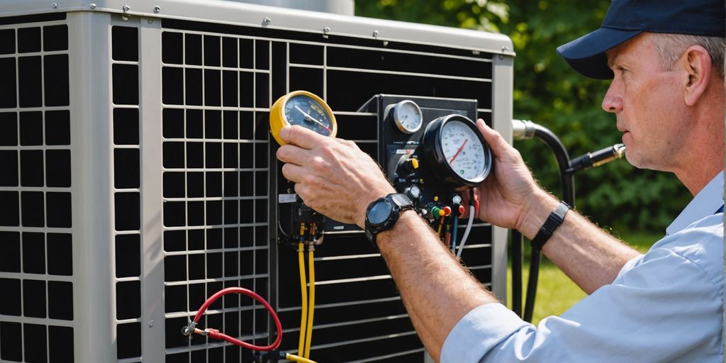 Technician inspecting outdoor AC unit