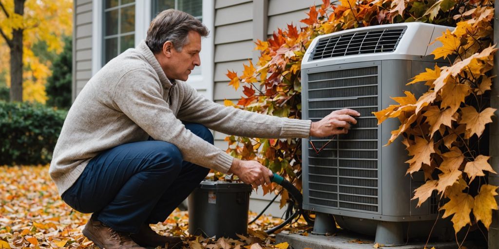 Homeowner cleaning outdoor AC unit in autumn.