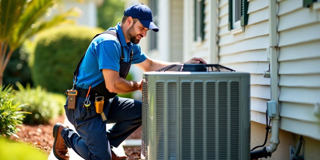 Technician installing new AC unit outside home