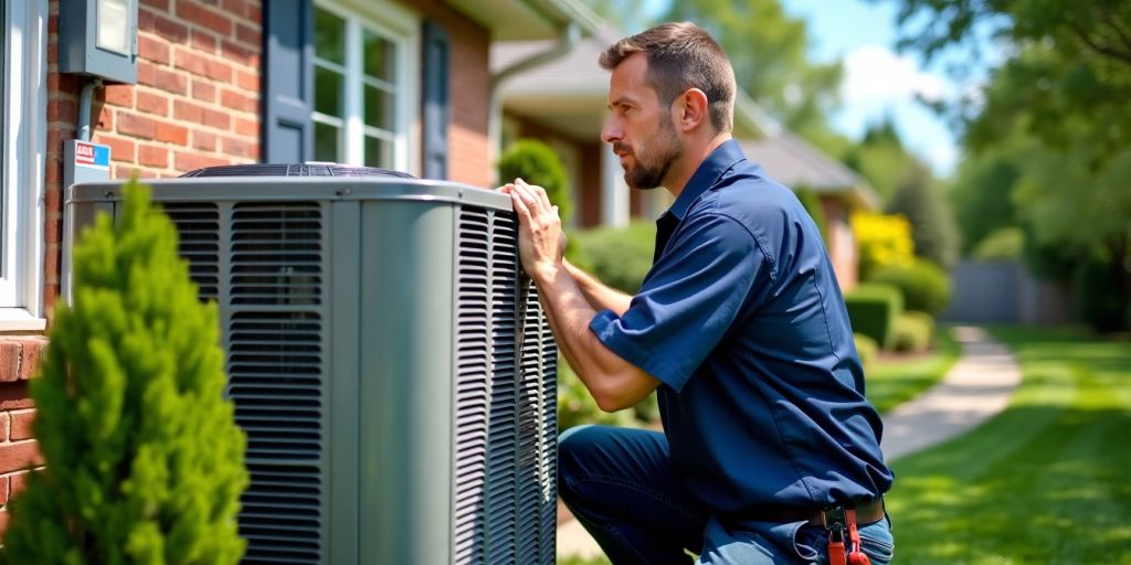 Technician inspecting outdoor AC unit