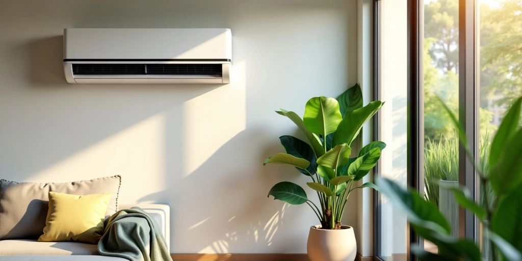 Living room with air conditioner and indoor plants