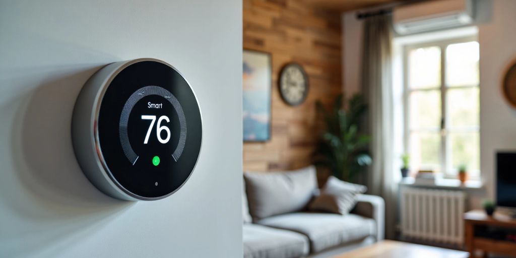 Smart thermostat in a cozy living room