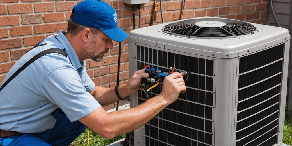 Technician servicing a clean air conditioner unit