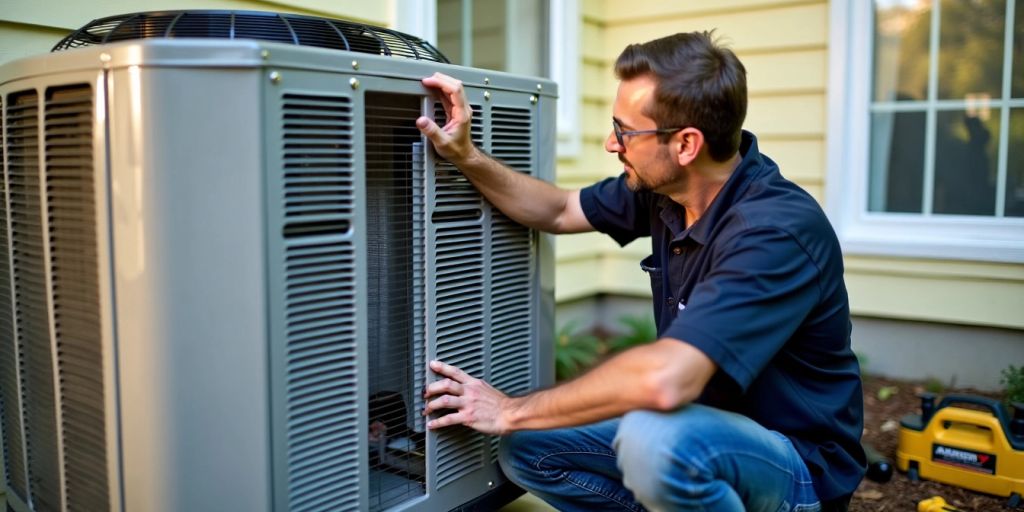 Technician installing modern air conditioner unit