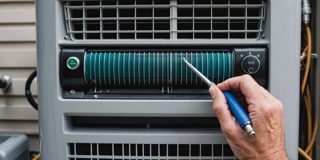 Person inspecting air conditioner unit with tools.