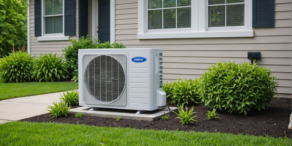 Modern air conditioner outside a suburban home