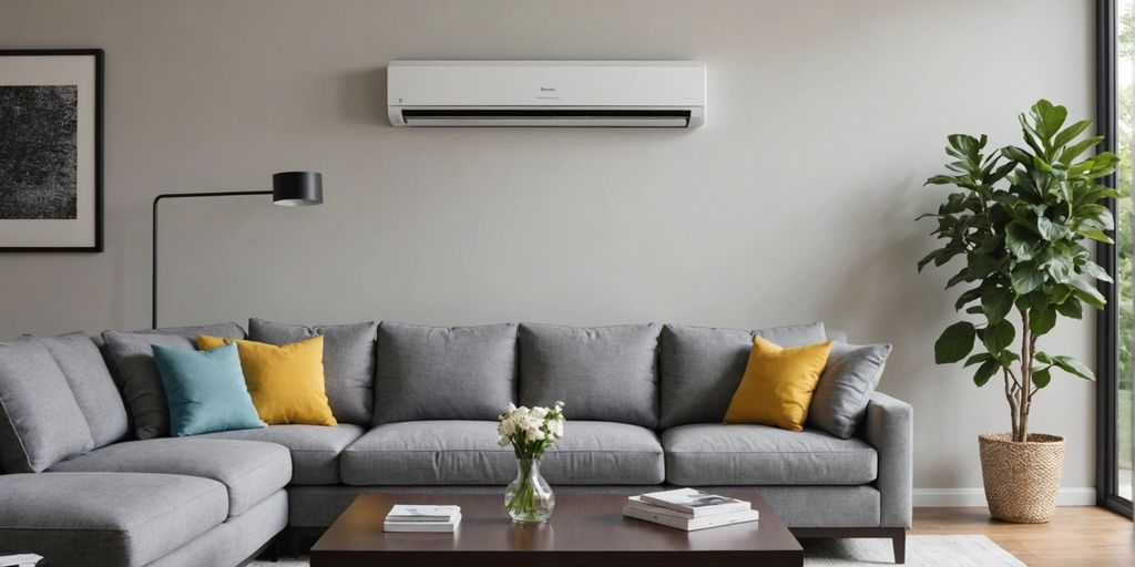 Modern AC unit in a cozy living room.