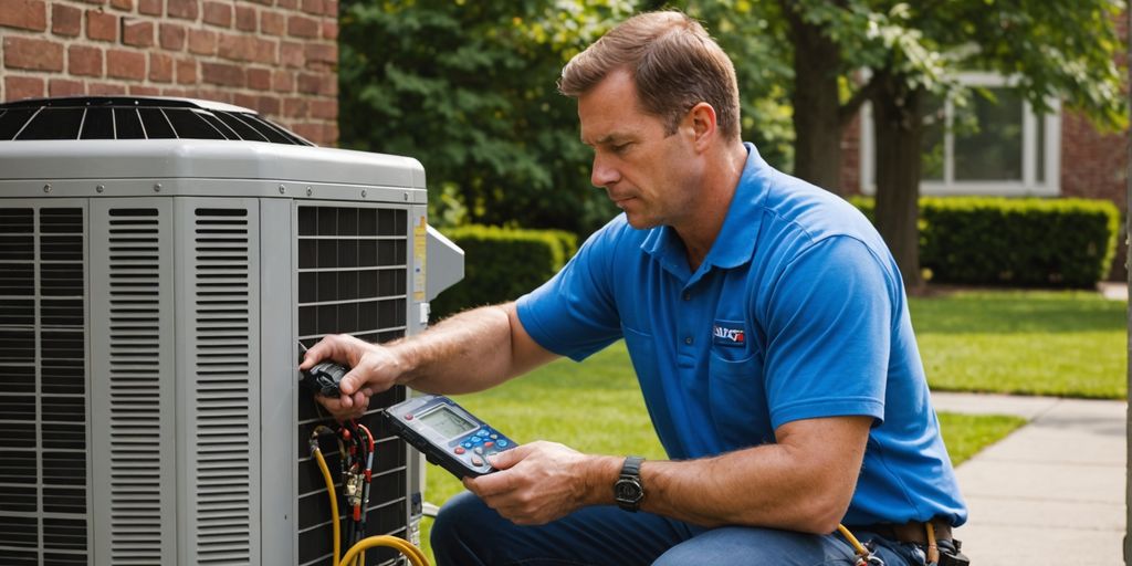 Technician tuning up outdoor AC unit