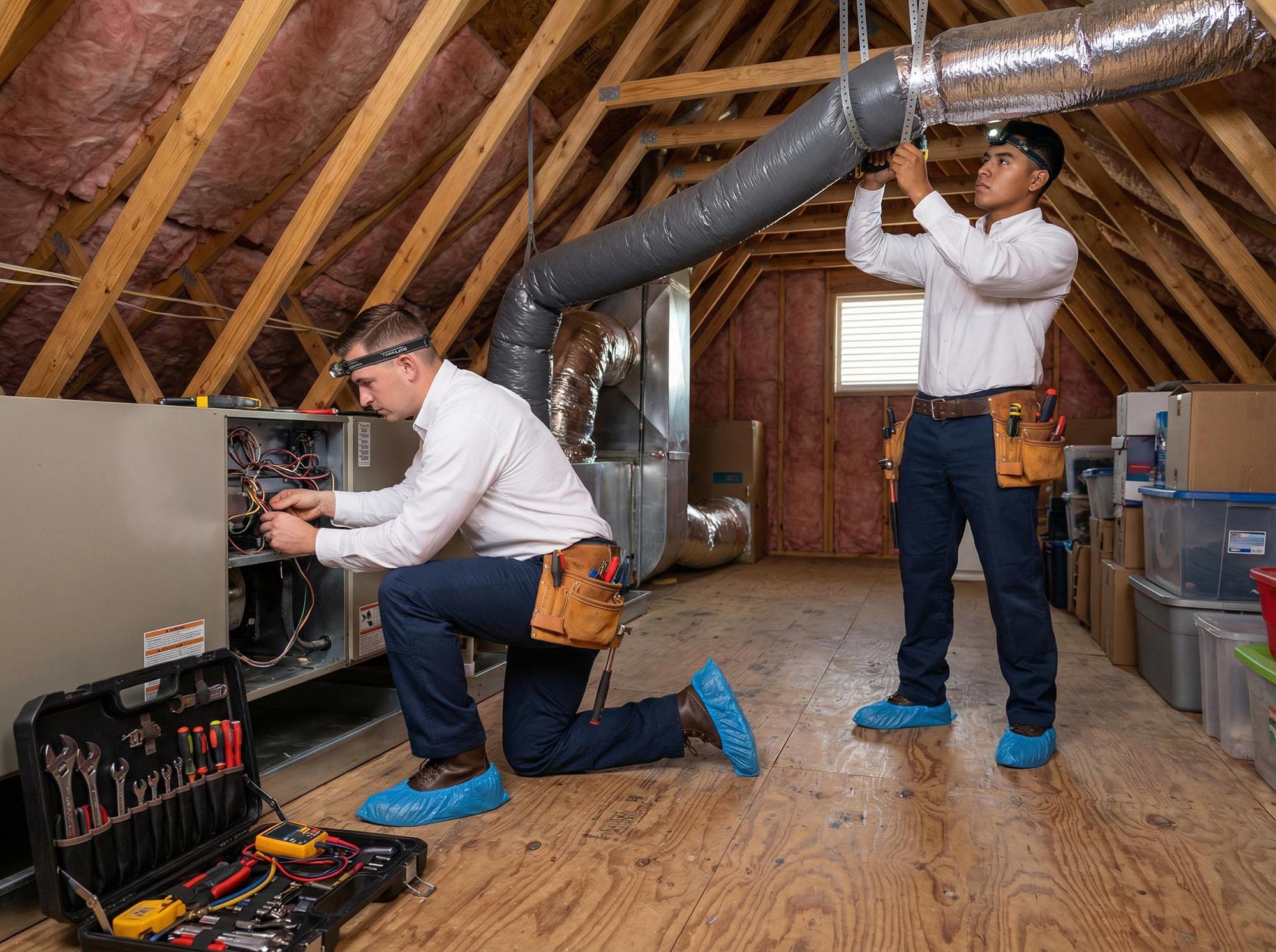 Technician inspecting air ducts in attic