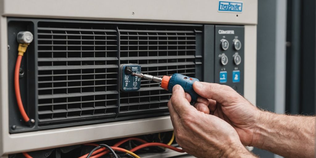 Technician opening air conditioner unit with tools