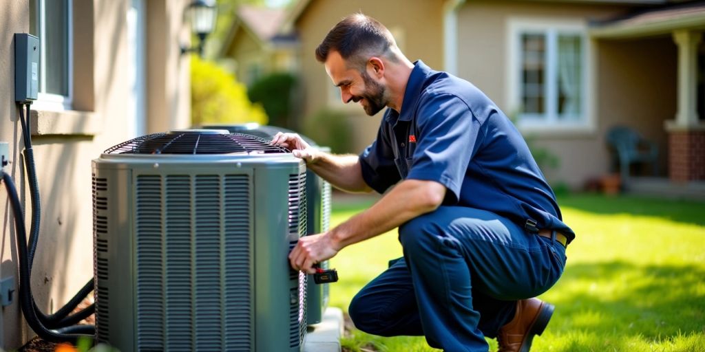 HVAC technician inspecting outdoor AC unit