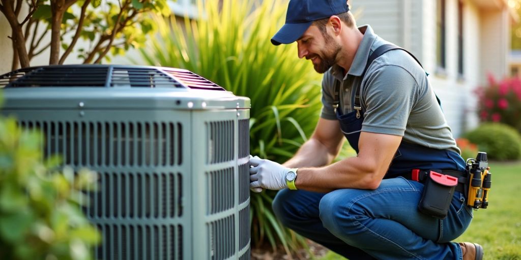 Technician tuning up home AC unit